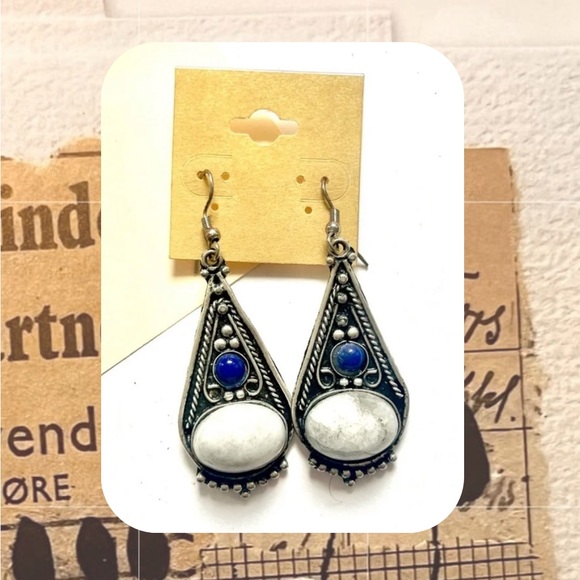 🏷️ silver boho dangling earrings with blue & white stones - Picture 1 of 9